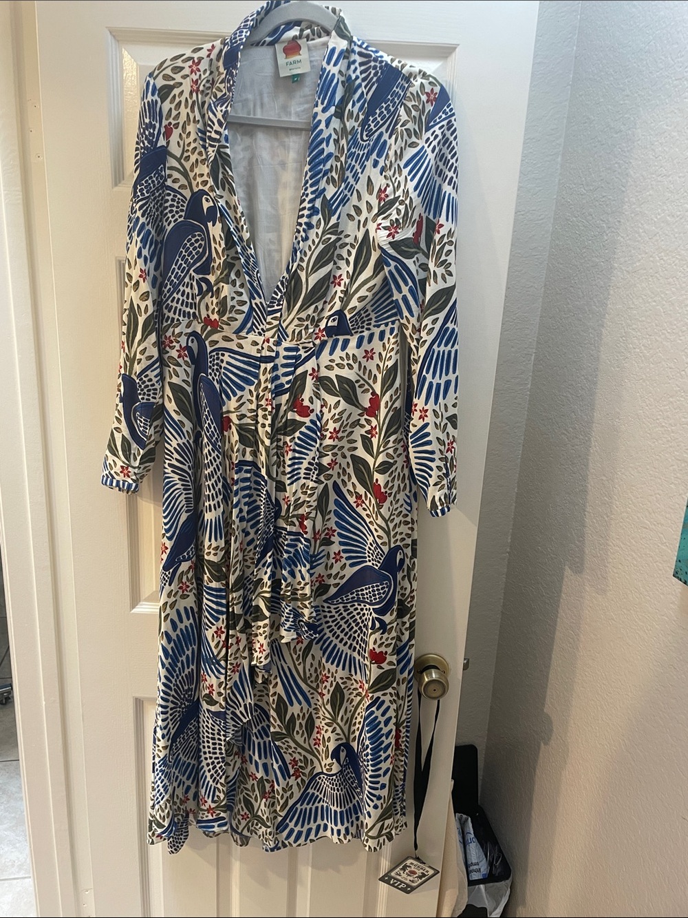FARM Rio Blue and White Bird-Print Wrap Dress with Red Accents